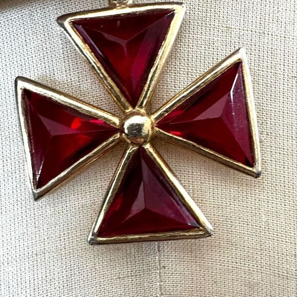 Maltese  red and gold tone Cross pendant necklace - Picture 5 of 11